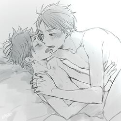 2boys after_sex bed bed_sheet blanket gay haikyuu!! hand_on_head human kissing lying male male_only monochrome multiple_boys open_mouth saliva short_hair shoyo_hinata straddling sugawara_koushi teeth tongue wince yaoi