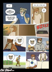 alarm_clock anthro blush canine chris_(meesh) classroom clock closed_eyes clothing comic cougar detailed_background dialogue duo english_text eyewear feline fur glasses half-closed_eyes hoodie john_(meesh) little_buddy male male_only mammal meesh muscular outside penis school sitting text thought_bubble waking_up walking