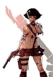 1girls 2d belt black_hair boots cigarette devil_may_cry devil_may_cry_3 female female_only firearm gun handgun harness heterochromia lady_(devil_may_cry) optionaltypo pistol pouch skirt solo suppressor torn_clothes weapon