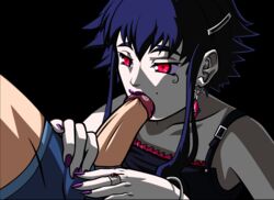 1boy 1girls 2024 2d_animation animated big_penis blowjob blue_hair earring edit emo erect erect_penis erection fellatio female glans_licking glans_stimulation glansjob huge_cock huge_penis hyper_penis large_penis licking licking_penis long_penis male nail_polish oral penis_lick penis_tip purple_lipstick purple_nails purple_sclera red_eyes ring simple_background small_pupils solo_focus tongue umeko vampire zone