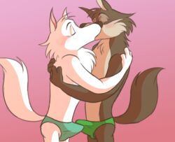 2boys ass balls blush bulge canine disney duo erection erection_under_clothes gary_(zootopia) gay hug kissing knot ladysomnambule larry_(zootopia) making_out male male_only mammal penis penises_touching swordfighting underwear wolf yaoi zootopia