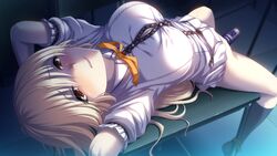 arms_behind_head asahina_konomi black_legwear black_socks blonde_hair bondage bondage brown_eyes clenched_teeth female female frills game_cg guilty long_hair school_uniform sex_toy short_sleeves skirt socks solo spread_legs sweat table toriko_no_kusari vibrator white_skirt