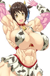 abs breasts brown_eyes brown_hair busty cow_accoutrements cow_ears cow_horns cow_print cowbell erect_nipples extreme_muscles female female_only horns hourglass_figure huge_breasts human idolmaster looking_at_viewer muscles muscular_female oikawa_shizuku open_mouth purukogi_(plasma_beach) short_hair simple_background smile solo