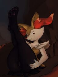 2018 anus ass braixen canine female fur inner_ear_fluff legs_up looking_at_viewer mammal nintendo nude pawpads paws pokémon_(species) pokemon pokemon_(species) pussy red_eyes smile solo video_games white_fur xenstroke