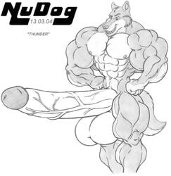 2004 anthro balls canine erection huge_cock hyper male male_only mammal muscular nude nudog penis solo vein