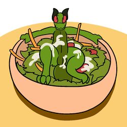 2016 aliasing anthro female food horn kobold pussy red_eyes reptile salad salad_dressing scalie simple_background solo suggestive suggestive_food trout_(artist)