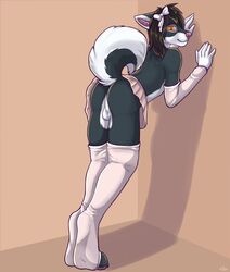 anthro arm_warmers ass backsack balls canine clothed clothing crossdressing fur furry furry_only girly kellwolfik legwear looking_back male male_only mammal presenting presenting_hindquarters solo standing tail thigh_highs