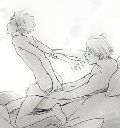 2boys anal ass bed bed_sheet blanket gay haikyuu!! lying male male_only monochrome multiple_boys nude open_mouth restrained sex shoyo_hinata sitting_on_person straddling sugawara_koushi wince yaoi