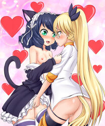 2girls areolae bla-whi black_hair blonde_hair blush breasts cyan_(show_by_rock!!) glasses green_eyes heart long_hair multiple_girls nipples no_panties open_mouth pussy pussy_juice retroee saliva shiny shiny_hair show_by_rock!! small_breasts smile tail tongue tongue_out uncensored yellow_eyes yuri