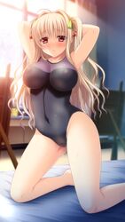 arms_behind_head asahina_konomi bed blonde_hair blush breasts censored cherry closed_mouth collarbone embarrassed female game_cg guilty hair_ornament kneeling long_hair navel nipples painted_clothes red_eyes see-through see-through_swimsuit solo sunbeam sweat tied_hair toriko_no_kusari twintails