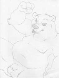 1boy angry animal_genitalia anthro balls bear fist fully_sheathed greyscale line_art looking_at_viewer male male_only mammal mizzyam monochrome moobs musclegut navel nipples nude overweight_male pencil_(artwork) raised_arm sheath sitting solo traditional_media_(artwork)