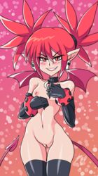 bigdeadalive black_gloves black_legwear blush collar demon_girl disgaea elbow_gloves etna female flat_chest gloves innie_pussy nipples nude pointy_chin pointy_ears red_eyes sidelocks skull skull_earrings slit_pupils smirk solo sweat tail thighhighs tied_hair twintails wide_hips wings