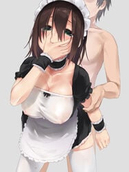 1boy apron arm_grab blush breasts brown_hair choker cleavage clothed_female_nude_male collarbone covered_nipples covering_mouth female frilled_choker frills green_eyes hair_between_eyes hakumei_kosen hand_over_own_mouth highres human implied_sex large_breasts leaning_forward long_hair maid maid_headdress male no_bra nude original straight thighhighs white_legwear wrist_cuffs