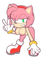 amy_rose areolae ass belly bent_over breasts green_eyes hanging_breasts headband naked_footwear nipples nude peace_sign pink_hair sonic_(series) supersegasonicss white_background