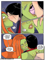 1boy 1girls 2d batman_(series) black_hair blush comic dc dc_comics female femdom green-skinned_female green_eyes green_skin human kissing male malesub orange_hair pamela_isley plant poison_ivy rainbow-flyer red_robin straight tentacles text tim_drake tongue