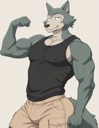 1boy ai_generated anthro bara beastars big_pecs bulge cargo_shorts clothed clothing covered_nipples flexing furry gay hi_res high_resolution highres kovasfox large_pecs large_pectorals large_thighs legoshi_(beastars) male muscular muscular_anthro muscular_male pecs pectorals simple_background solo solo_male tank_top thick_thighs thighs yaoi