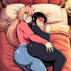 2girls above_view ai_generated ass_humping big_ass big_butt blonde_hair brown_hair butt_humping chainsaw_man clenched_teeth clenching_teeth clothed dark_brown_hair from_above from_above_view hand_on_leg horns hotel_room humping humping_ass humping_butt inside jeans kobeni_higashiyama laying_down laying_on_bed laying_on_side light-skinned_female light-skinned_females light_skin long_blonde_hair long_hair novelai on_bed on_side pointy_teeth power_(chainsaw_man) smile teeth teeth_clenched teeth_showing