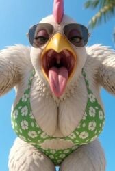 ai ai_generated arms_out_of_frame beach beach_background big_breasts big_thighs bikini_top chicken chicken_daisy chicken_girl cleavage down_angle down_view easter female female_on_top furry hi_res high_quality open_mouth oral_invitation pov_eye_contact seductive_eyes smile standing sunglasses thick_thighs tongue_out uvula