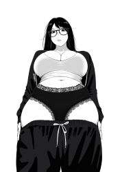 belly belly_button big_breasts black_eyes black_hair blush breasts cleavage drawstring_bottomwear female female_only glasses hands_on_thighs jacket jacket_open lace-trimmed_panties large_breasts long_hair looking_at_viewer looking_down looking_down_at_viewer lxzvcr messy_hair monochrome navel original original_character panties pants_around_thighs pants_down pants_pulled_down sports_bra sweatpants tagme thick_thighs tight_clothing viewed_from_below voluptuous waiting wide_hips