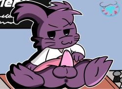 >:3 2017 3_fingers 3_toes anthro anus artist_logo ass balls black_eyes blue_wall bottomwear cheek_tuft closed_smile clothed clothing clothing_lift colored counter crossdressing crossdressing_male digital_drawing_(artwork) digital_media_(artwork) english_description erection eyebrow_through_hair eyebrows facial_tuft feet fingers fluffy_ears fur furrowed_eyebrows genitals guano_(kappa_mikey) hair inside kappa_mikey kitchen light lighting logo male male_anthro mammal mintytempest motion_lines mouth_closed noseless outline partially_clothed_anthro partially_clothed_male penis pepper_shaker pink_bottomwear pink_clothing pink_penis pink_skirt presenting presenting_penis purple_anus purple_balls purple_body purple_fur purple_hair purple_tail salt_shaker shaded shirt sign sitting_on_counter skirt skirt_lift smile solo tail toes topwear translucent translucent_hair tuft unknown_species white_clothing white_outline white_shirt white_topwear