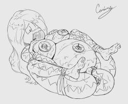 3_toes anthro apple belly bondage breasts canime character_prepared_as_food feet female fingers food food_gag fruit gag genitals hair imminent_death inflation lizard masturbation monochrome navel nervous nipples non-mammal_nipples plant reptile scalie sketch solo tail tail_fetish tail_masturbation tail_play toes vulva