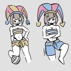 2girls baby_blue_clothing belly_button big_breasts evil_pomni_(the_amazing_digital_circus) female female_focus female_only front_view headwear jester_cap jester_hat medium_breasts png pomni pomni_(beach_outfit) pomni_(tadc) pomni_(the_amazing_digital_circus) shorts signature suggestive thick_thighs thin_waist thong thong_straps volleyball whale_tail