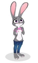 absurd_res anthro bite biting_lip biting_own_lip bottomwear breasts clothed clothing denim denim_bottomwear denim_clothing disney eyebrows female flashing fur genitals grey_body grey_fur hi_res jeans judy_hopps lagomorph leporid long_ears mammal multicolored_body multicolored_fur navel nipples pants purple_eyes rabbit raised_clothing raised_topwear self_bite simple_background siroc small_breasts solo topwear two_tone_body two_tone_fur vulva white_background white_body white_fur zootopia