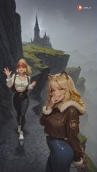 2girls ai_generated aisinful animal_ears ass big_ass big_breasts big_butt black_pants blonde_hair blush breasts female fur_collar fur_trim genshin_impact hi_res jacket large_breasts lillie_(pokemon) lion_ears long_hair medium_breasts multiple_girls outdoors pants sky smile thick_thighs wide_hips xilonen_(genshin_impact)