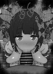 1boy 1girls :>= angels_of_delusion bare_shoulders big_penis black_and_white blush breasts censored dark-skinned_male dark_skin detailed_background drooling eyelashes fellatio female heart hoyoverse human indoor inside interracial kurotama looking_at_viewer male male_pov nangong_yu_(zenless_zone_zero) oral oral_sex penis ponytail ribbon room saliva shiny shiny_skin short_hair sketch sound_effects squatting sweat text vein veins veiny veiny_penis zenless_zone_zero