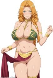 1girl ai ai_art ai_generated armlet bare_shoulders between_breasts bikini bleach bleach:_the_thousand-year_blood_war blue_eyes blush bracelet braid breasts chain cleavage cleft_of_venus closed_mouth clothes_lift collar collarbone female female_only gold_choker gold_trim green_bikini hair_ornament jewelry large_breasts long_hair looking_at_viewer matsumoto_rangiku mole mole_under_mouth navel neck_ring no_panties orange_hair pelvic_curtain pelvic_curtain_lift pussy rangiku_matsumoto simple_background slave_leia_(cosplay) solo star_wars swimsuit tagme thighlet thighs uncensored white_background xxai