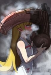 1boy 1girls 2026 ai_generated animal_genitalia anthro anthro_on_human bigtub7775 cock_worship horse_penis horsecock interspecies oshino_shinobu penis_on_face tagme yellow_hair