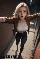 ai_generated black_jeans blonde_hair breasts full_body grace_ashcroft grey_eyes heels jeans large_breasts medium_breasts resident_evil resident_evil_9:_requiem short_hair