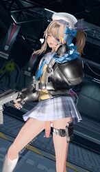 1futa 3d beret blonde_hair blue_eyes bottomless clothing feet_out_of_frame futa_only futanari girls'_frontline girls'_frontline_2:_exilium hair_ribbon hat indoors jacket limited_sword long_hair looking_at_viewer one_eye_closed open_mouth penis skirt uncensored v_sign vepley_(girls'_frontline_2)