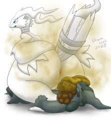 anthro anus ass black_body blue_eyes closed_eyes disgusted_face drain_scat duo feces feces_on_body feces_pile female fur generation_5_pokemon genitals hi_res legendary_pokemon lying male male/female nintendo nude pokemon pokemon_(species) pooping_on_another reshiram scat scatplay simple_background sitting sitting_on_another smelly vulva white_background white_body white_fur zekrom