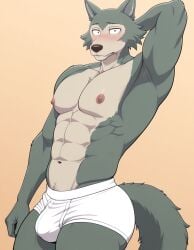 1boy abs ai_generated anthro armpit bara beastars big_pecs blush briefs bulge clothed clothing embarrassed furry gay hand_behind_head hi_res high_resolution highres kovasfox large_pecs large_pectorals large_thighs legoshi_(beastars) male muscular muscular_anthro muscular_male nipples pecs pectorals simple_background solo solo_male thick_thighs thighs tighty_whities topless white_briefs yaoi