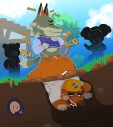 2026 animal_crossing anthro armor balls bear bepboye big_penis bodily_fluids canid canine canis character_request closed_eyes clothing duo_focus erection eulipotyphlan genitals group hard_hat headgear helmet hi_res koala male male/male mammal marsupial mature_male mole_(animal) mr._resetti nintendo outside penis plant sex shirt slightly_chubby sweat topwear tree underground vombatiform wolf