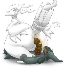 anthro anus ass black_body closed_eyes drain_scat duo feces feces_in_ass feces_on_body female fur generation_5_pokemon genitals hi_res legendary_pokemon looking_forward lying male male/female nintendo nude pokemon pokemon_(species) pooping_on_another red_eyes reshiram scat scatplay simple_background sitting sitting_on_another surprised vulva white_background white_body white_fur zekrom
