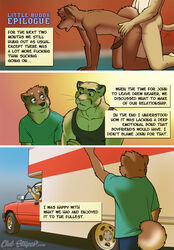 anal anthro canine car chris_(meesh) clothed clothing comic cougar detailed_background dialogue duo english_text eyewear feline fully_clothed fur glasses john_(meesh) little_buddy male male_only mammal meesh muscular sex smile speech_bubble standing tagme text vehicle