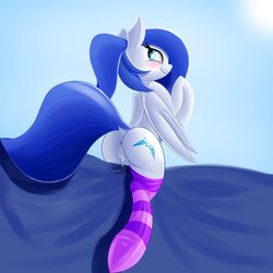 anus ass blue_eyes blue_hair blush cutie_mark equine female hair hi_res looking_back mammal my_little_pony original_character pegasus pussy pussy_juice smile solo striped striped_legwear thighhighs twiren wings