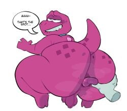 accessory ambiguous_gender anthro anus axelfloof backsack balls big_butt bite biting_lip butt dinosaur disembodied_tongue duo english_text gameoverse genitals glitch_productions gobbles_(gameoverse) grin hi_res huge_butt huge_thighs hyper hyper_butt looking_back looking_pleasured male male/ambiguous male_focus narrowed_eyes necktie nude_male penis prehistoric_species purple_body purple_scales reptile scales scalie short_tail shortstack shortstack_male smile solo_focus speech_bubble spread_anus spread_butt spreading tail text thick_thighs tongue