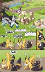absurd_res animal_genitalia anus ball_sniffing balls balls_on_face black_balls chasing comic dakota_(trepidfox) delcatty eeveelution female feral flower fuf furret generation_1_pokemon generation_2_pokemon generation_3_pokemon generation_4_pokemon genitals glaceon group happy hi_res jolteon kalt_(whyvern) kricket_(trepidfox) leafeon male male/female male/male mightyena nintendo park penis penis_tip plant pokemon pokemon_(species) presenting raised_tail sheath sniffing spread_legs spreading submissive submissive_male tail tricked umbreon vulva yellow_balls