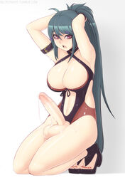 1futa armpits balls big_breasts bimbo breasts busty cleavage cum cutout dickgirl erection fire_emblem futa_only futanari green_hair human intersex kneeling kurono_kiria large_breasts long_hair looking_at_viewer navel necrosmos nintendo open_mouth penis ponytail precum purple_eyes solo testicles text tied_hair toeless_footwear toes tokyo_mirage_sessions_#fe veins veiny_penis voluptuous