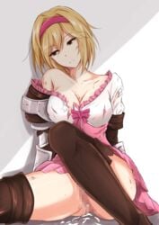 1futa armor ass bare_shoulders blonde_hair boots bow breasts brown_eyes brown_footwear censored cleavage collarbone commentary_request cum cuts djeeta_(granblue_fantasy) dress empty_eyes eyebrows_visible_through_hair female frilled_dress frills granblue_fantasy hairband head_tilt highres injury large_breasts looking_to_the_side mosaic_censoring no_panties off_shoulder parted_lips pink_bow pink_hairband piro_(iiiiiiiiii) rape shadow short_hair simple_background sitting solo thigh_boots thighhighs torn_clothes torn_dress underwear white_background