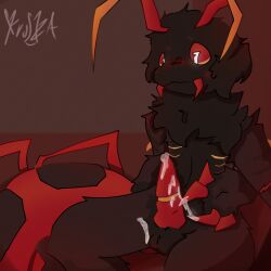 2024 antennae_(anatomy) anthro arthropod balls black_balls black_body black_fur blush blush_lines bodily_fluids brown_background brown_body brown_fur centipede claws crawlipede_(kaiju_paradise) cum cum_on_body cum_on_claws cum_on_penis cum_on_self digital_drawing_(artwork) digital_media_(artwork) ejaculation erection fur furry genital_fluids genitals gootraxian hi_res kaiju_paradise male myriapod penis red_background red_blush red_claws red_penis red_sclera roblox roblox_game simple_background sitting solo unknown_artist