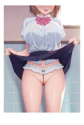 1girl :d ass_visible_through_thighs black_skirt blush bow breasts brown_hair cameltoe clothes_lift collared_shirt commentary_request day diagonal-striped_bow dress_shirt eyes_out_of_frame female female_only groin head_out_of_frame highres hotaka_mai indoors kazuma_(kazumav) large_breasts lifting_own_clothes open_mouth original pink_bow pleated_skirt school_uniform shirt shirt_tucked_in short_sleeves skirt skirt_lift skirt_lifted_by_self smile solo standing striped_bow sunlight sweat thighs tile_wall tiles white_shirt window