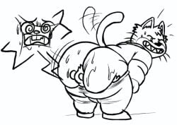 anal anal_vore anthro ass big_butt bodily_fluids bottomwear clothing domestic_cat duo felid feline felis furry goro_(mappy) male mammal mappy mappy_(character) mouse murid murine nabb-kun overweight overweight_male pants rodent simple_background sweat vore