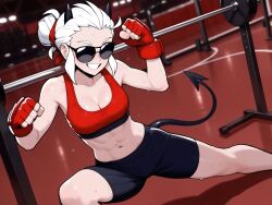 1girls abs ai_generated demon demon_girl demon_horns female female_only helltaker horns justice_(helltaker) muscular_female short_hair smile solo sportswear sunglasses sweat white_hair