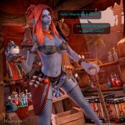 alchemy blender_(artwork) blender_cycles_(artwork) blizzard_entertainment blue_body clothing comic digital_media_(artwork) erection futa futanari gynomorph hair healer hi_res humanoid intersex legwear magniym not_furry potion public public_nudity red_hair solo stockings troll_(warcraft) warcraft