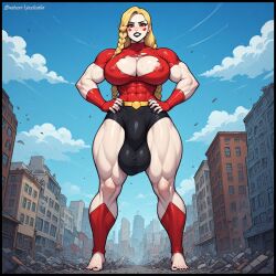abs ai_generated blonde_hair bulge_through_clothing charlie_morningstar_(hazbin_hotel) city full_body_view futanari giantess hands_on_hips intersex muscular_female perchance_ai red_eyes spandex_suit suit villain white_skin yellow_sclera