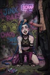 ai_generated anticipation arcane_jinx blue_hair braids clothed eager female habaneroart hair_grab imminent_oral jinx_(arcane) kneeling light-skinned_female on_knees penis tattoos